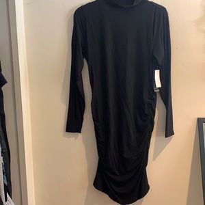 Mock Neck Long Sleeve Ruched Bottom Black Dress